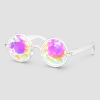 Ronde kaleidoscoop zonnebril met transparant montuur – ronde festivalzonnebril met kleurrijke kaleidoscoop glazen en helder transparant frame, ideaal voor festivals, feesten en zomerse events. Opvallend accessoire als cadeau of voor eigen gebruik.
