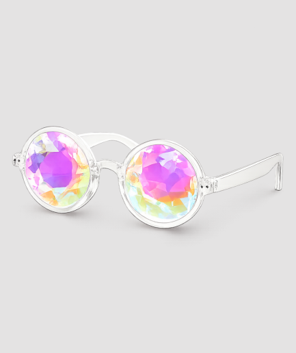 Ronde kaleidoscoop zonnebril met transparant montuur – ronde festivalzonnebril met kleurrijke kaleidoscoop glazen en helder transparant frame, ideaal voor festivals, feesten en zomerse events. Opvallend accessoire als cadeau of voor eigen gebruik.
