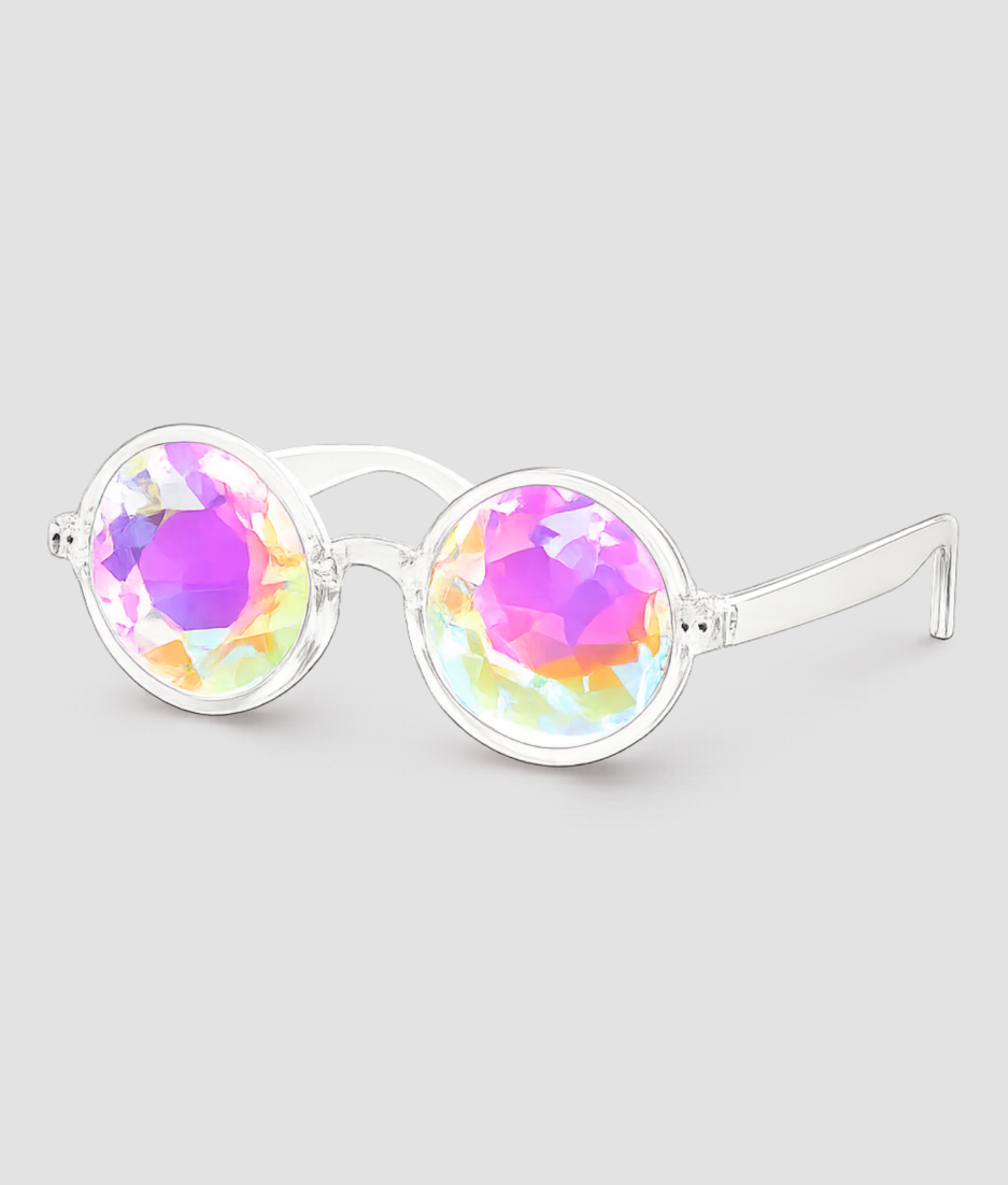 Ronde kaleidoscoop zonnebril met transparant montuur – ronde festivalzonnebril met kleurrijke kaleidoscoop glazen en helder transparant frame, ideaal voor festivals, feesten en zomerse events. Opvallend accessoire als cadeau of voor eigen gebruik.