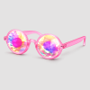 Roze kaleidoscoop zonnebril met roze montuur – ronde festivalzonnebril met kleurrijke kaleidoscoop glazen en transparant roze frame, ideaal voor festivals, feesten en zomerse events. Opvallend accessoire als cadeau of voor eigen gebruik.