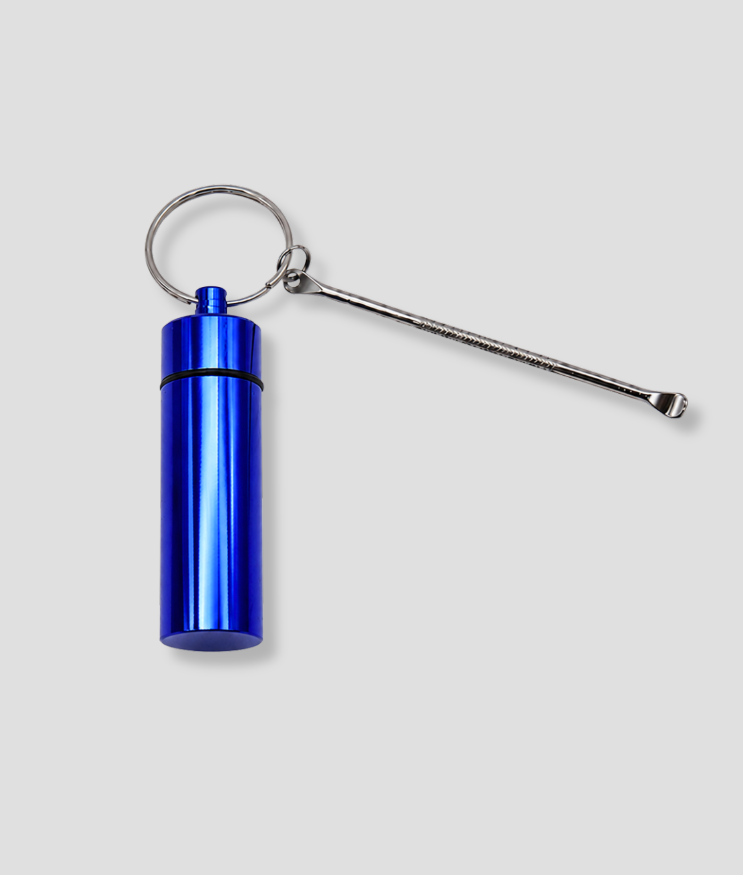 Blauw metalen stash opbergbakje met schepje en sleutelring