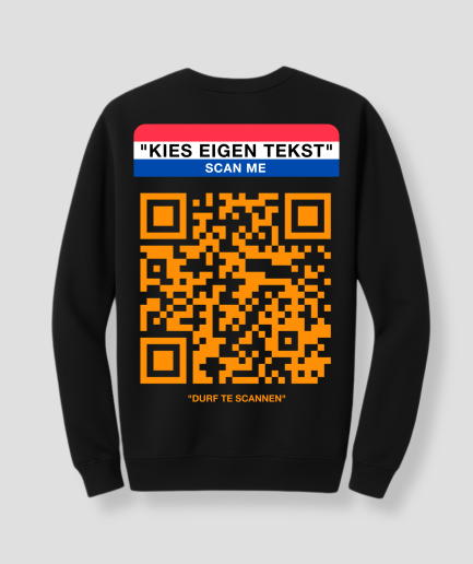 Zwarte Koningsdag sweater met QR-code print en tekst 'Kies Eigen Tekst - Scan Me'