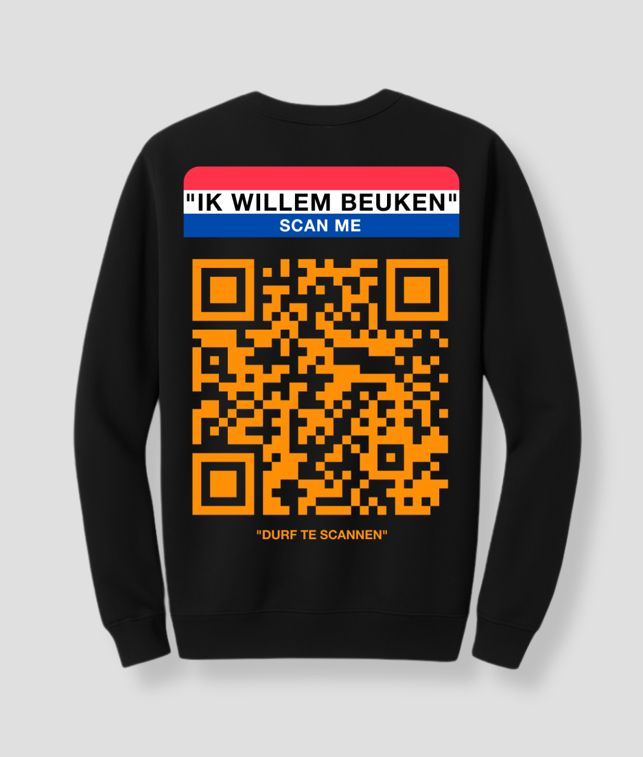Zwarte Koningsdag sweater met QR-code print en een grappige tekst