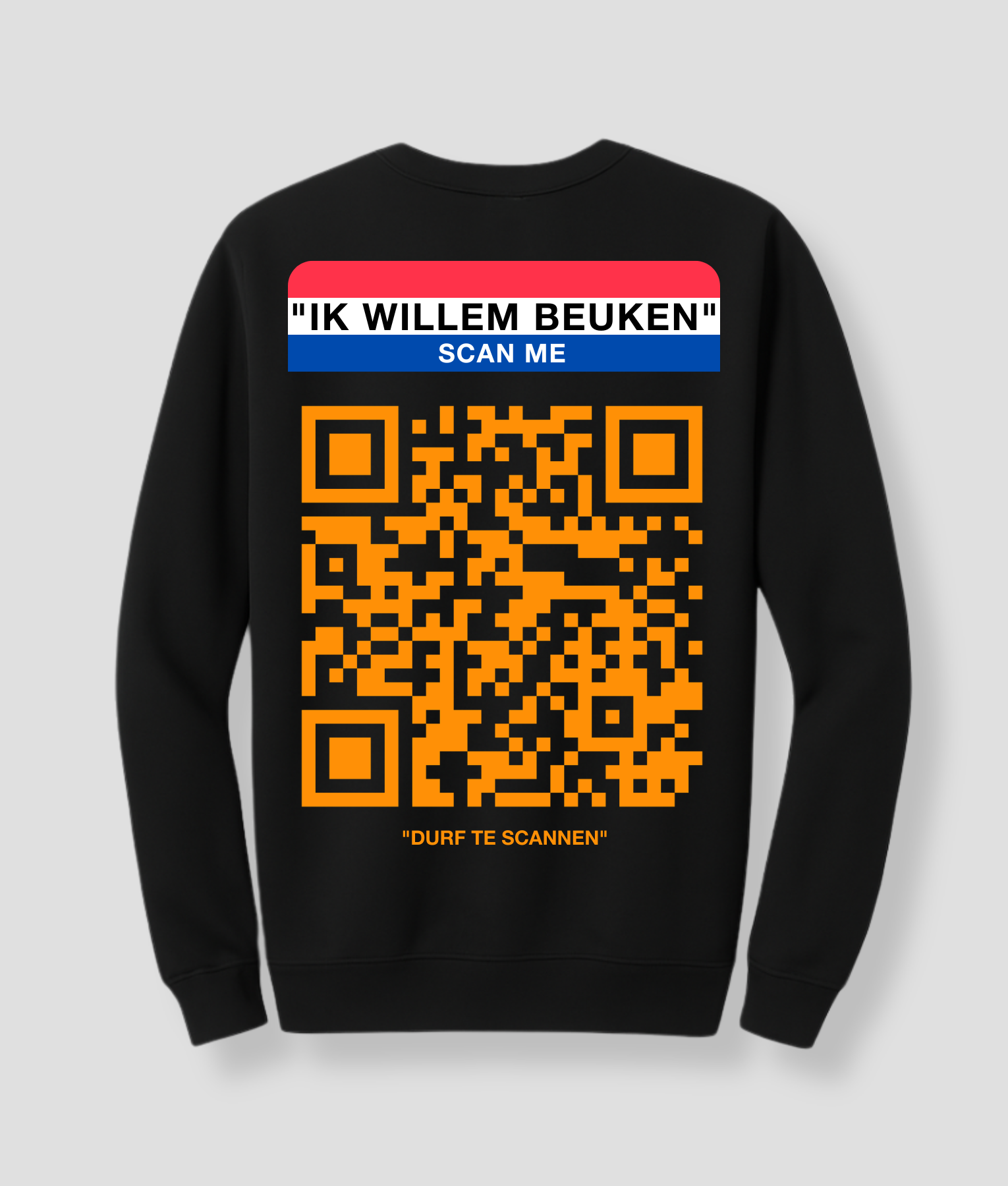 Zwarte Koningsdag sweater met QR-code print en een grappige tekst