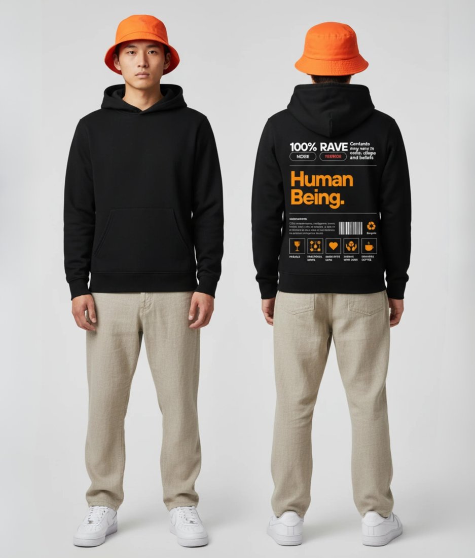 100% rave hoodie zwart modelfoto