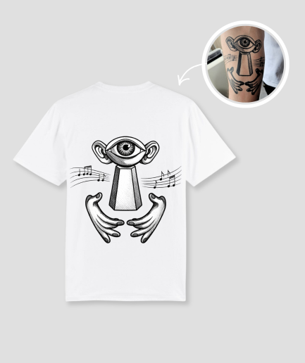 Wit unisex t-shirt met surrealistisch oog-wezen opdruk van PEP SCHEP – zwarte voorkant print met mystieke illustratie van figuur met oog, handen en muzieknoten