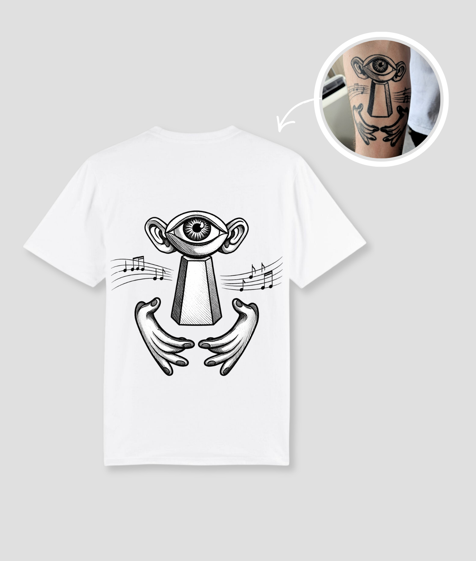 Wit unisex t-shirt met surrealistisch oog-wezen opdruk van PEP SCHEP – zwarte voorkant print met mystieke illustratie van figuur met oog, handen en muzieknoten