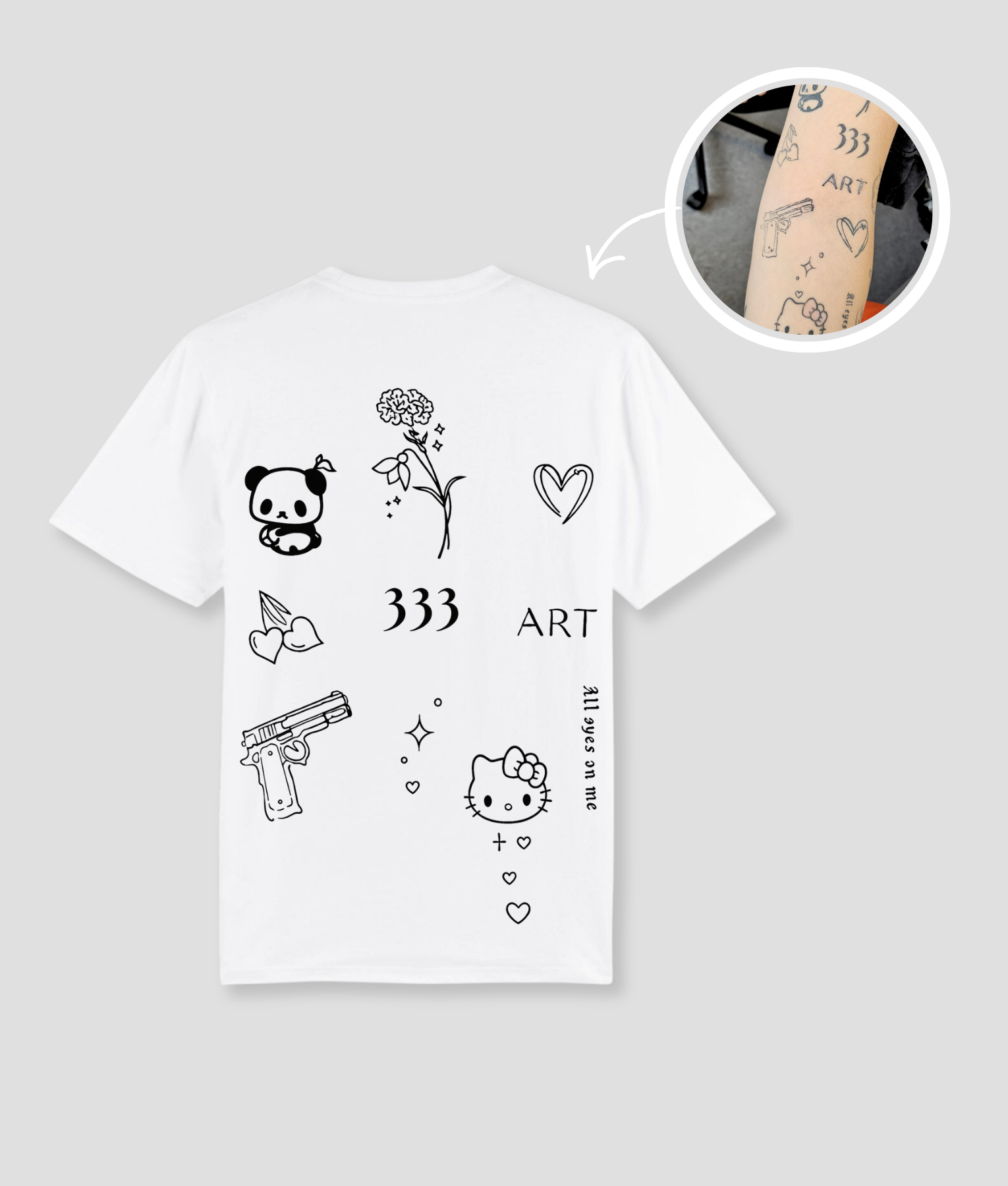 Wit unisex t-shirt met tattoo-geïnspireerde opdrukken van PEP SCHEP – voorkant print met diverse kleine illustraties zoals panda, hart, bloem en typografie, eigen tattoo uploadbaar