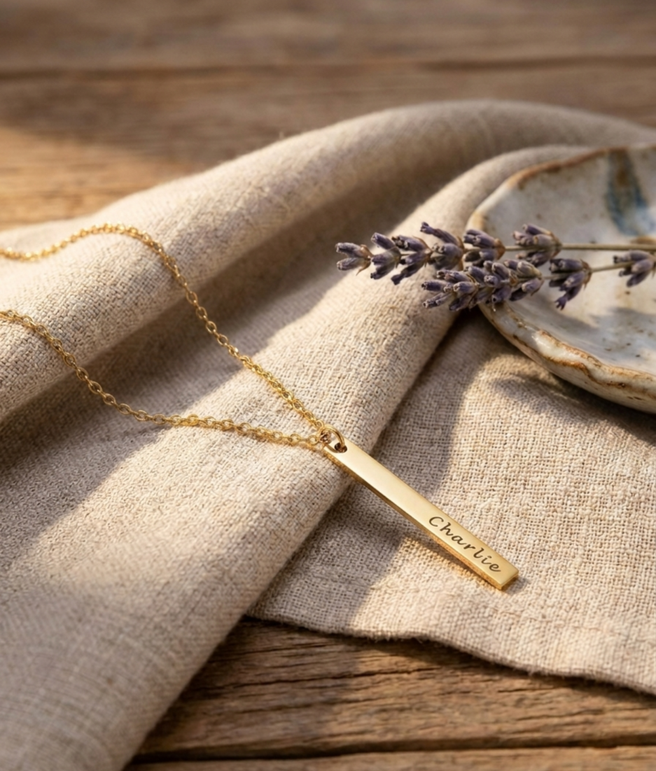 Gouden rechthoekige staafvormige hanger met naam gravure aan gouden ketting liggend op linnen doek met lavendel lifestyle modelfoto gepersonaliseerd gouden naamketting sieraad