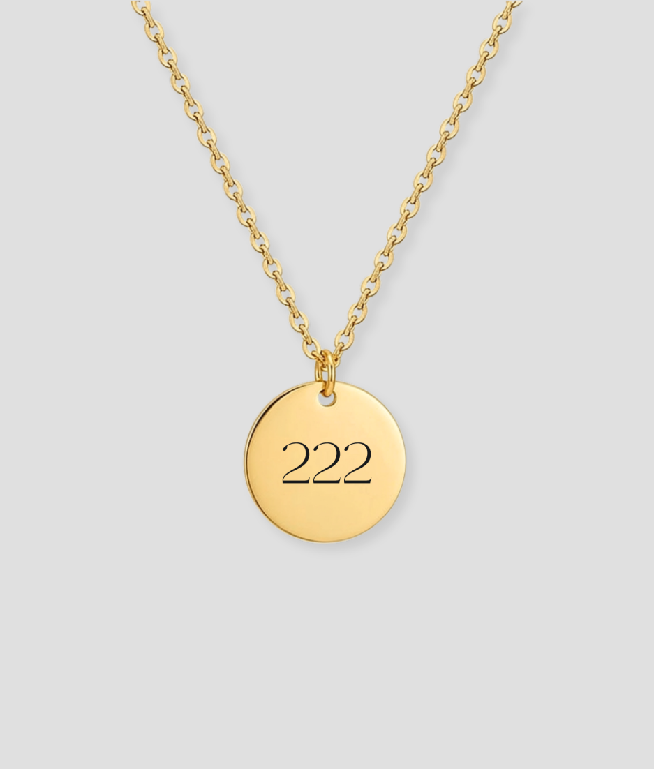 Gouden ronde schijfvormige hanger met getal gravure voorbeeld aan gouden schakelketting gepersonaliseerd gouden sieraad met eigen getal of nummer gravure