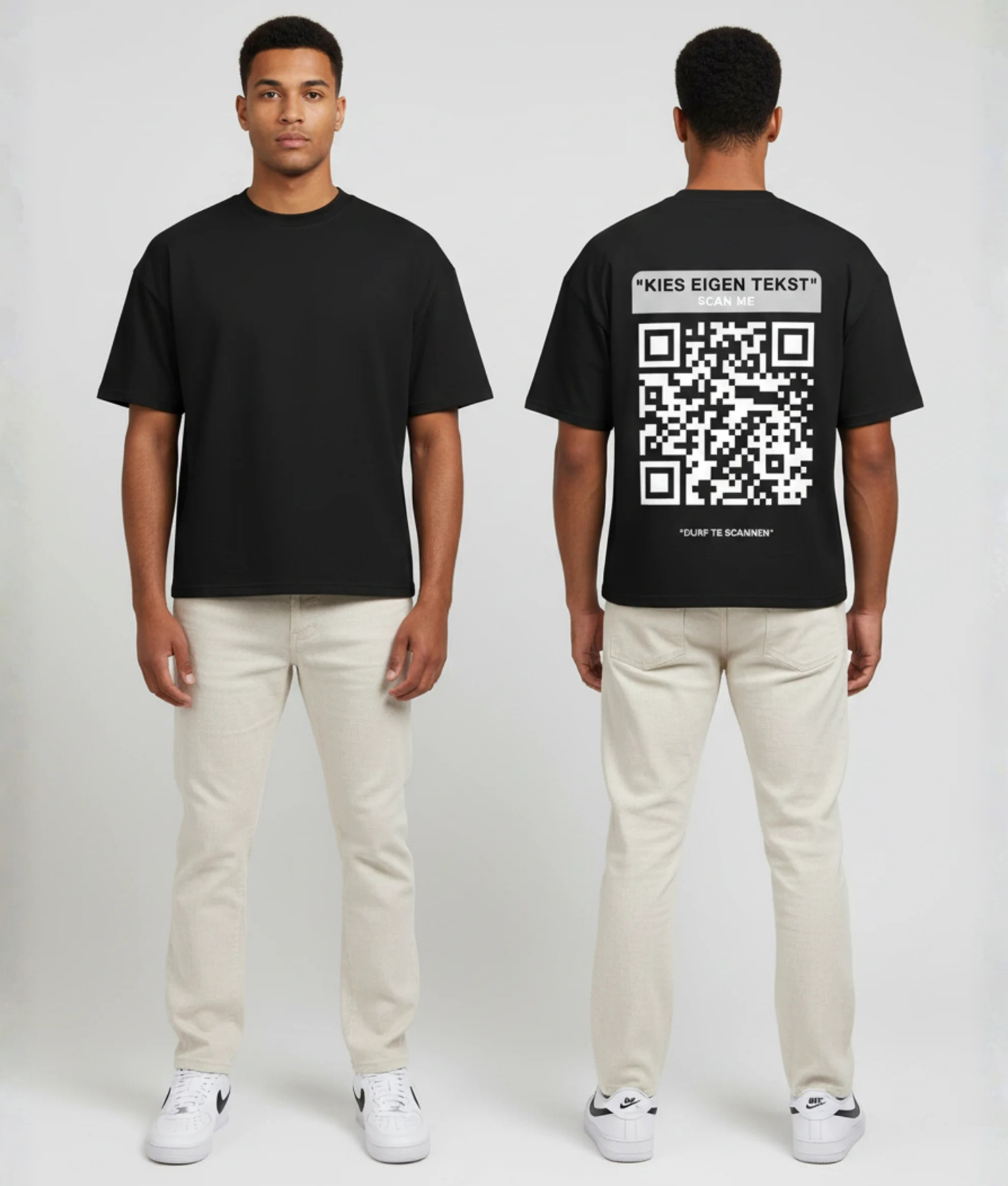 Zwart T-shirt met grijze QR-code banner en eigen tekst op de rug