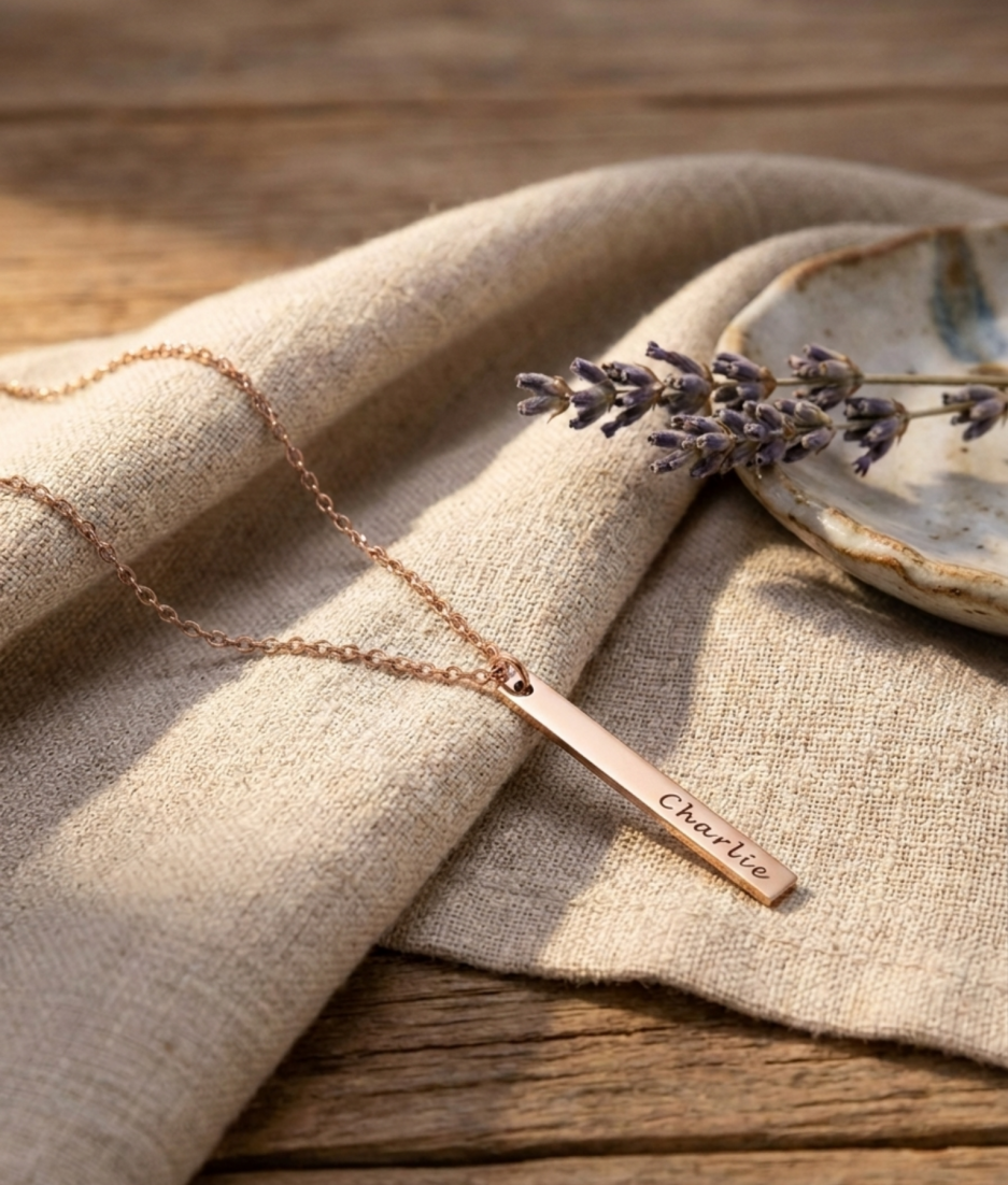 Rosé gouden rechthoekige staafvormige hanger met naam gravure aan rosé gouden ketting liggend op linnen doek met lavendel lifestyle modelfoto gepersonaliseerd rosé gouden naamketting sieraad