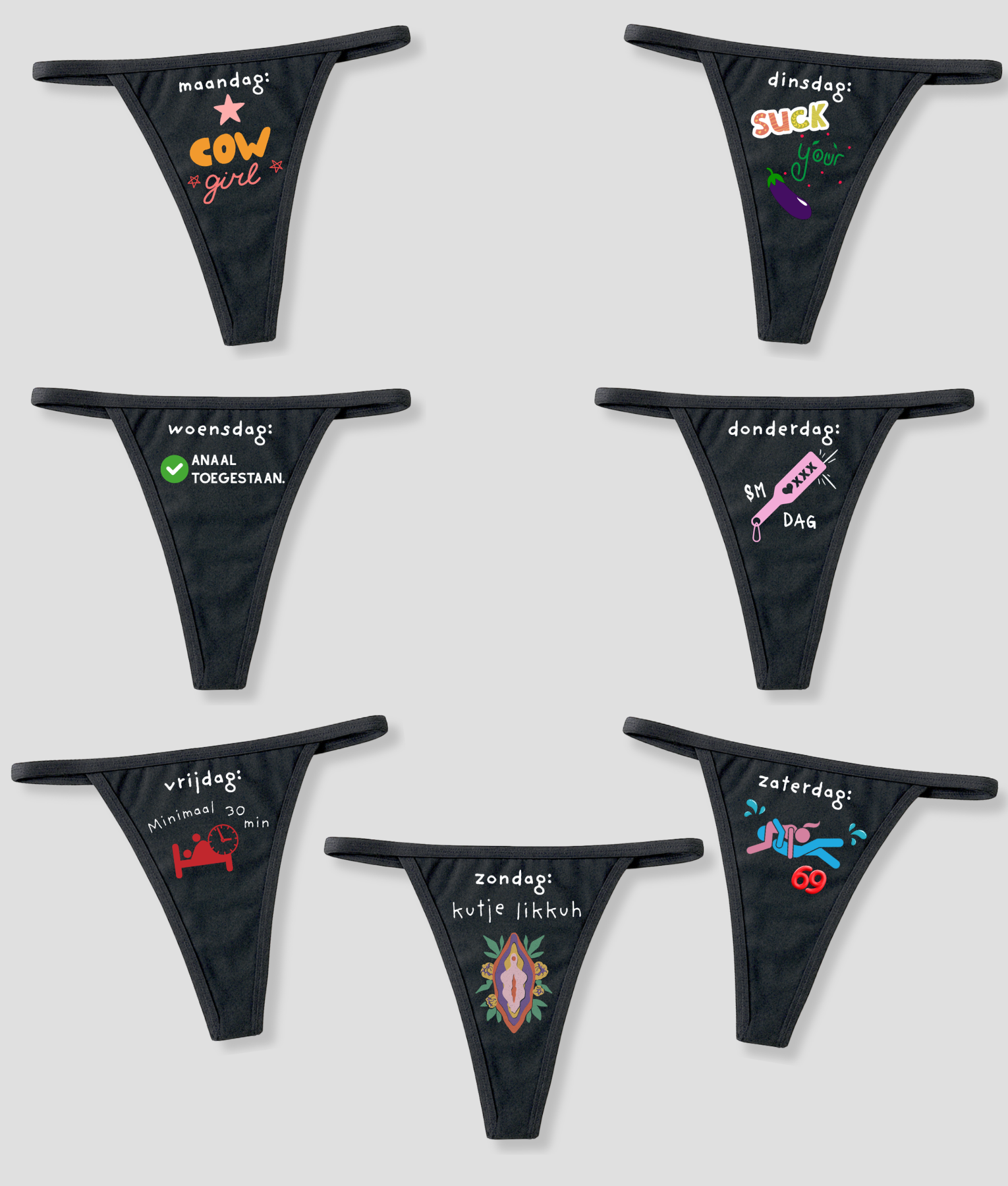 Overzichtsfoto van de 7-daagse grappige string bundel met alle zwarte strings met humoristische dagelijkse teksten en illustraties