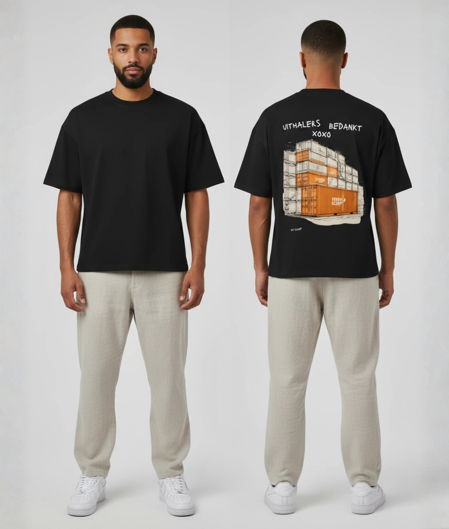 Zwart T-shirt met oranje containers en UITHALERS BEDANKT print op de rug