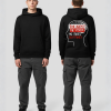 Zwarte hoodie met RAVE AGAINST THE SYSTEM print in rood en wit op de rug