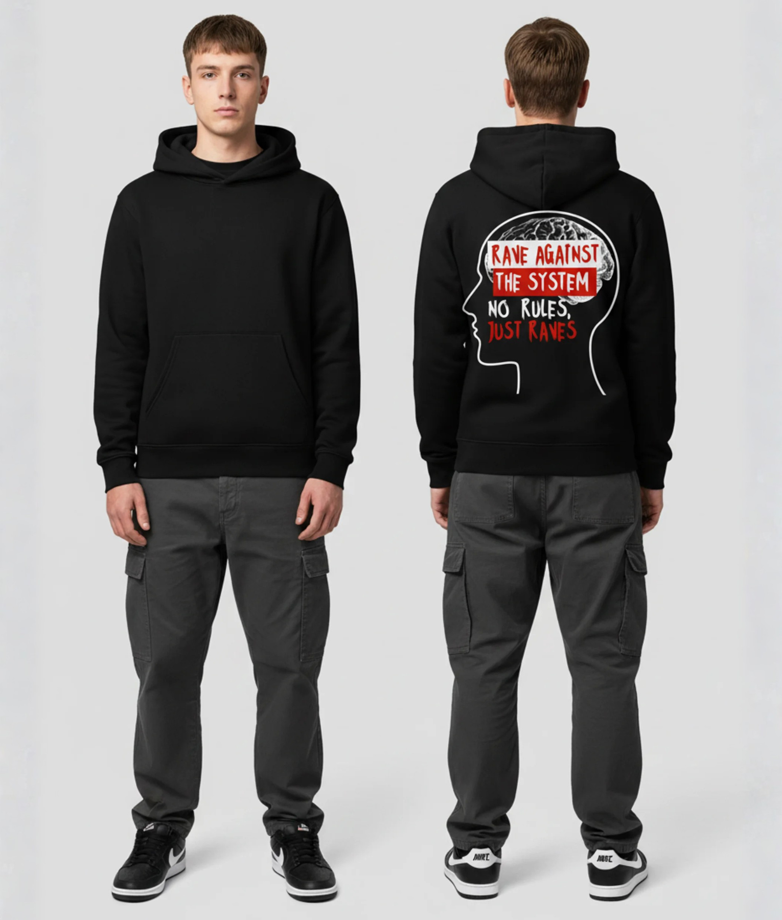 Zwarte hoodie met RAVE AGAINST THE SYSTEM print in rood en wit op de rug
