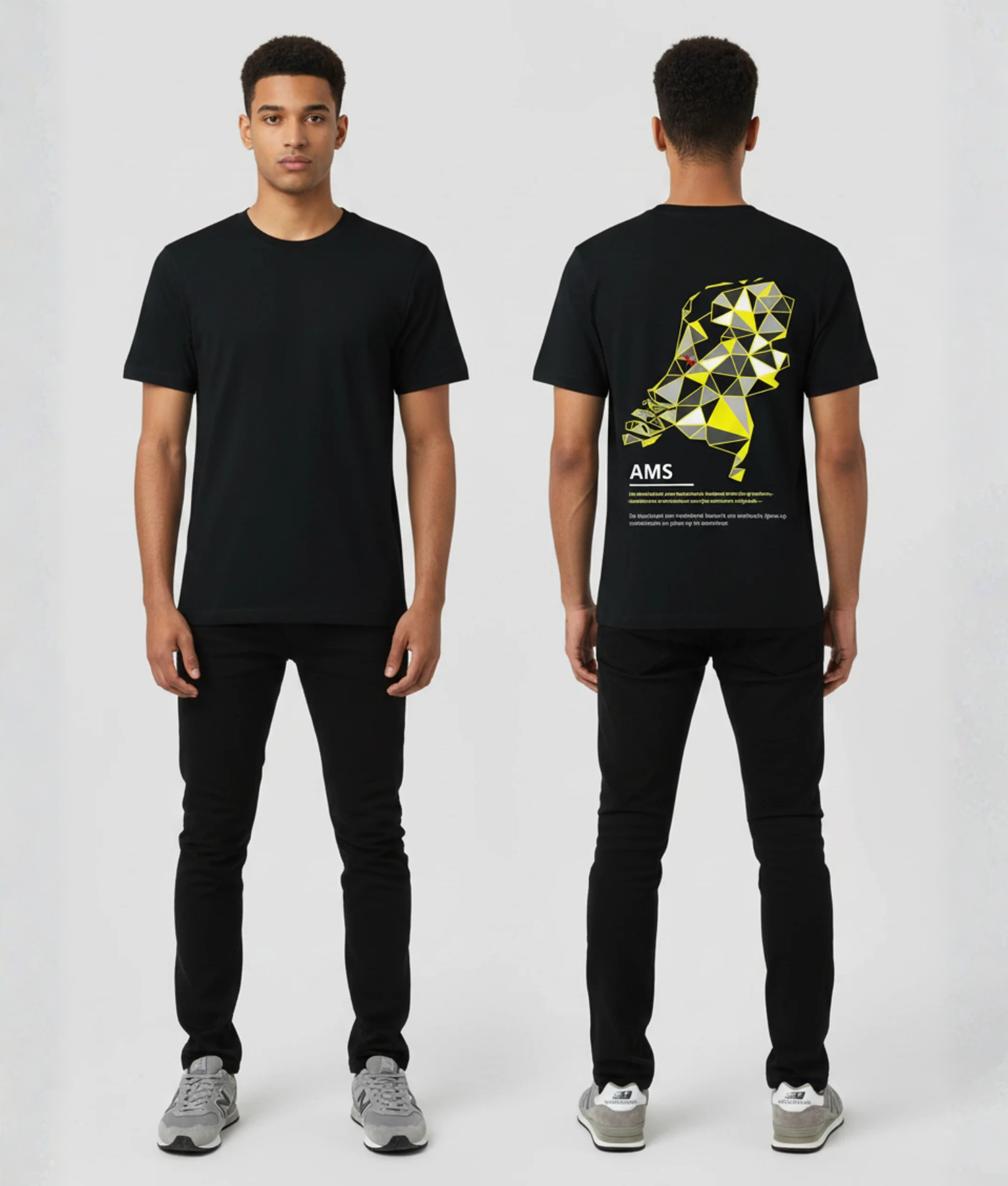 Zwart T-shirt met geel-grijze geometrische kaart van Nederland in low-poly stijl en AMS tekst met kleine informatietekst op de rug