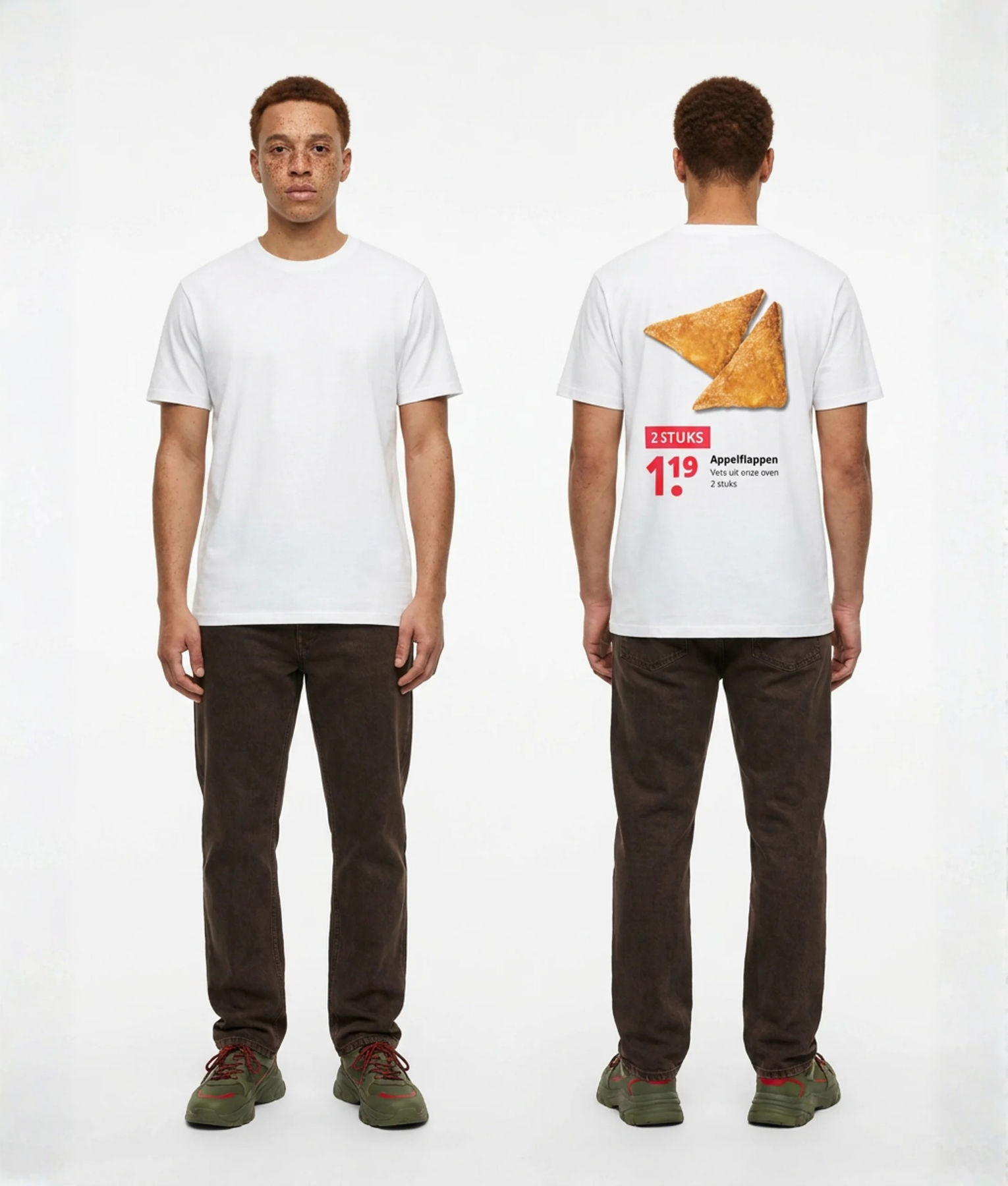 Wit heren t-shirt met Appelflappen opdruk, voor- en achteraanzicht op mannelijk model met donkere broek en groene sneakers, productfoto voor PEP SCHEP webshop