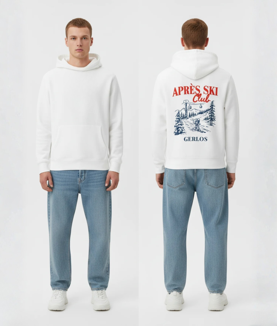 Witte hoodie met APRÈS SKI Club illustratie in rood en blauw en GERLOS tekst op de rug
