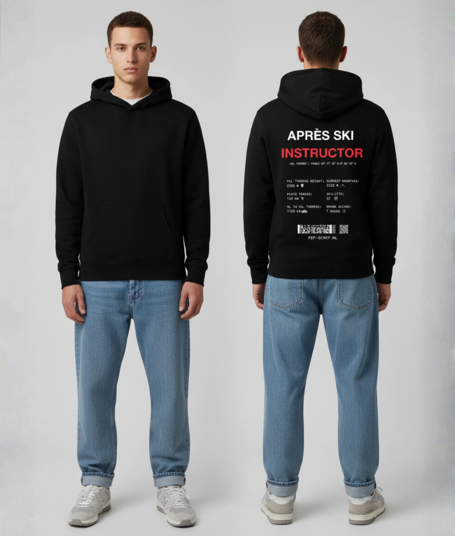 Zwarte hoodie met APRÈS SKI INSTRUCTOR print in wit en rood op de rug