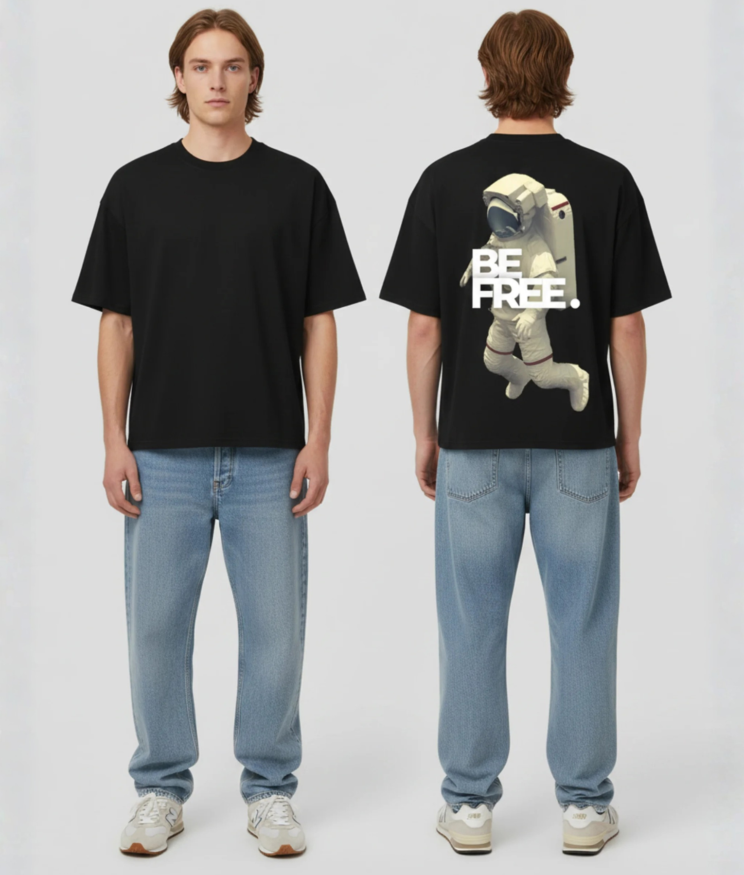 Zwart T-shirt met zwevende astronaut illustratie en BE FREE tekst op de rug
