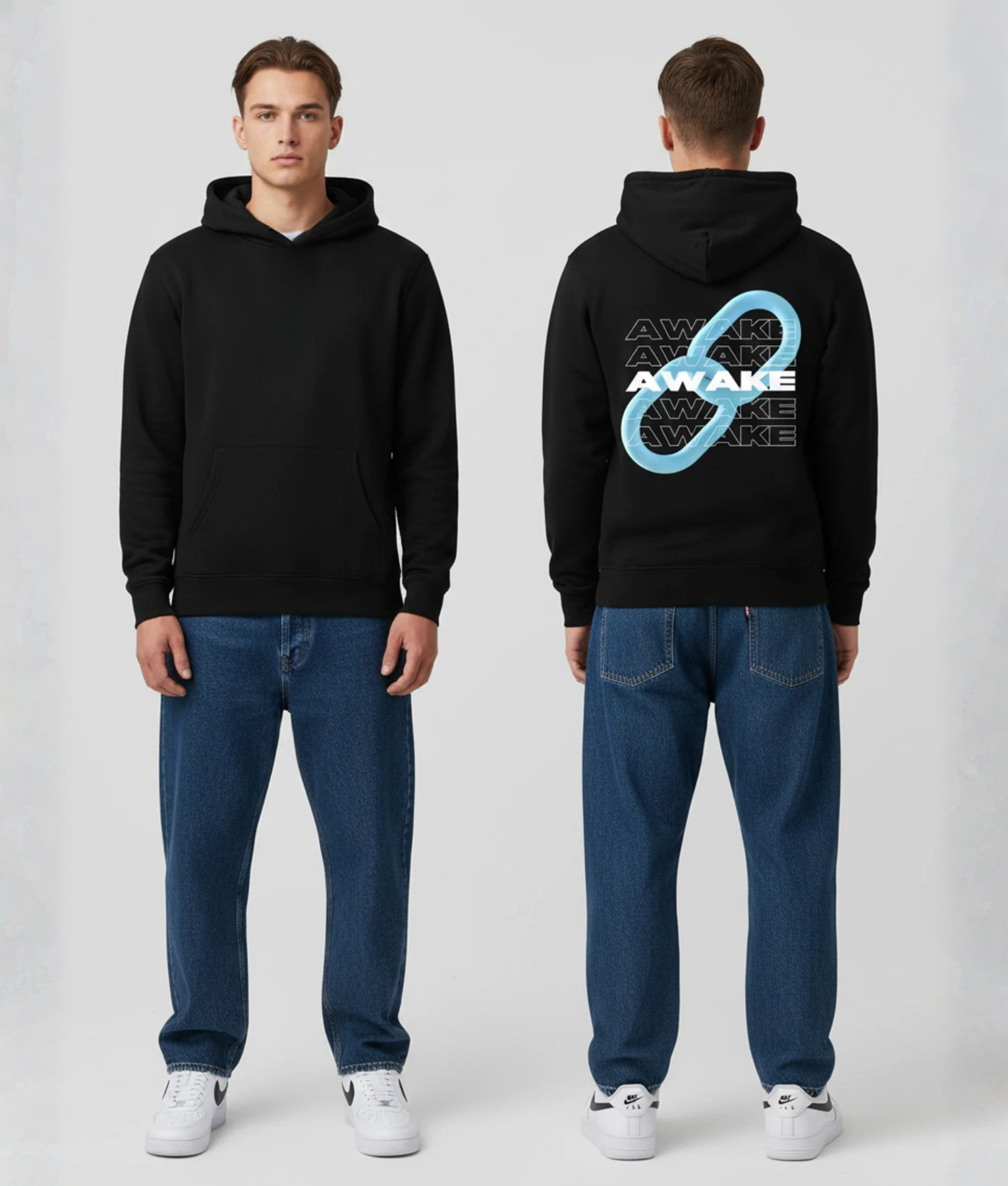 Man in zwarte hoodie voor- en achterkant met blauw oneindigheid-symbool en witte AWAKE print op de rug