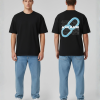 Zwart T-shirt met AWAKE tekst herhalend en blauwe oneindigheid symbool illustratie op de rug