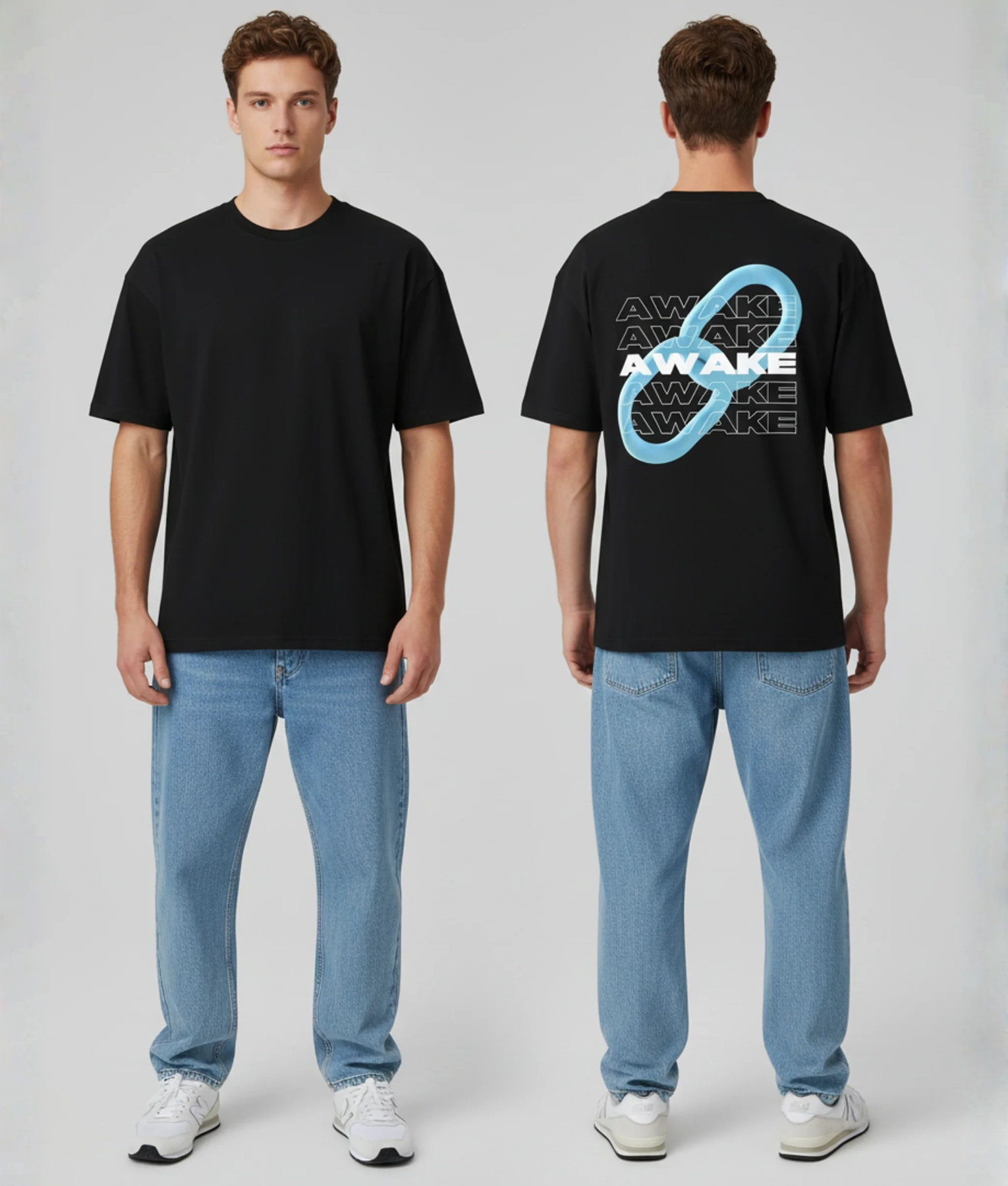 Zwart T-shirt met AWAKE tekst herhalend en blauwe oneindigheid symbool illustratie op de rug