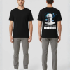 Zwart T-shirt met wit robotachtig hoofd omgeven door blauwe energiebollen, drumcomputer interface symbolen en barcode op de rug