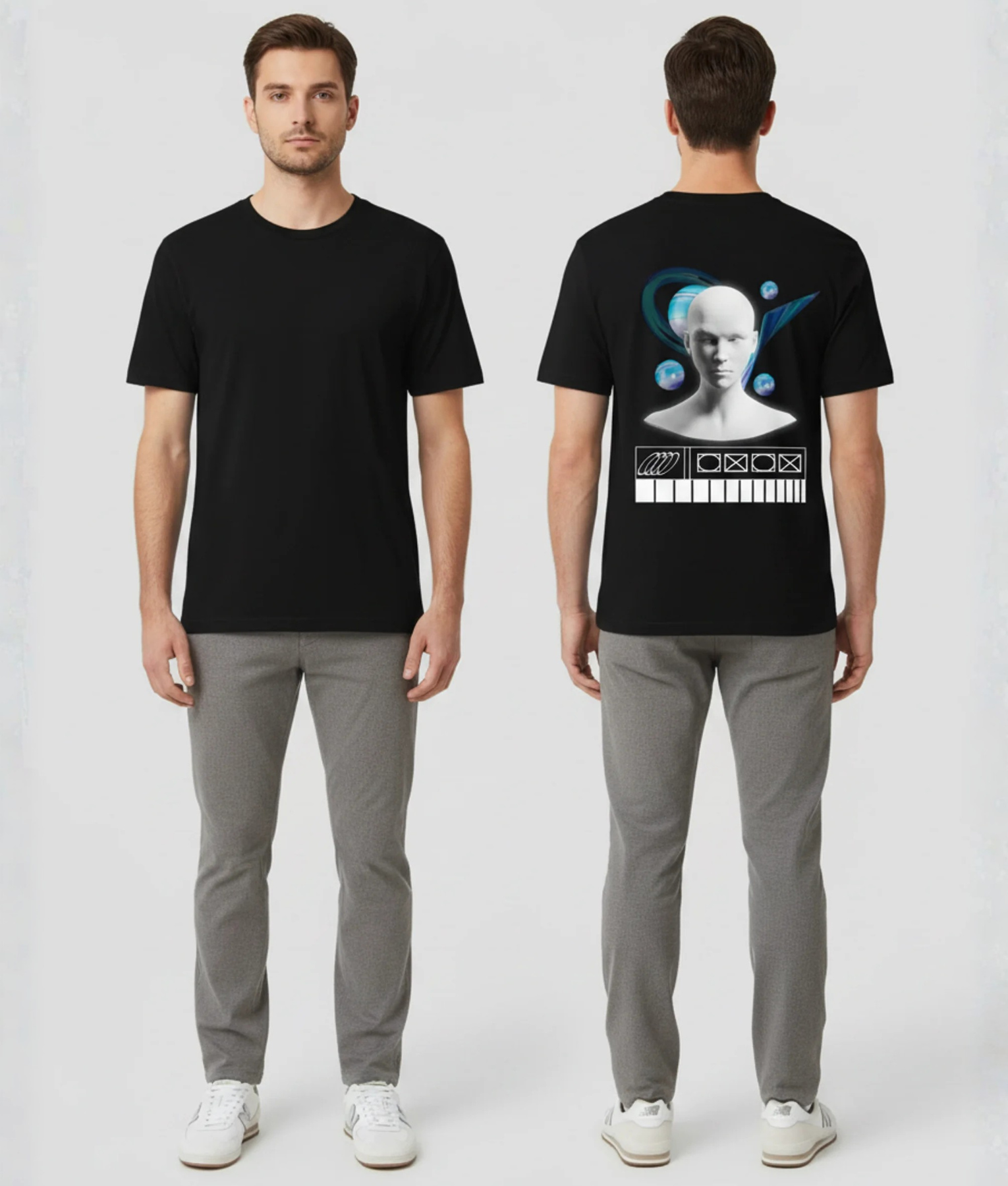Zwart T-shirt met wit robotachtig hoofd omgeven door blauwe energiebollen, drumcomputer interface symbolen en barcode op de rug