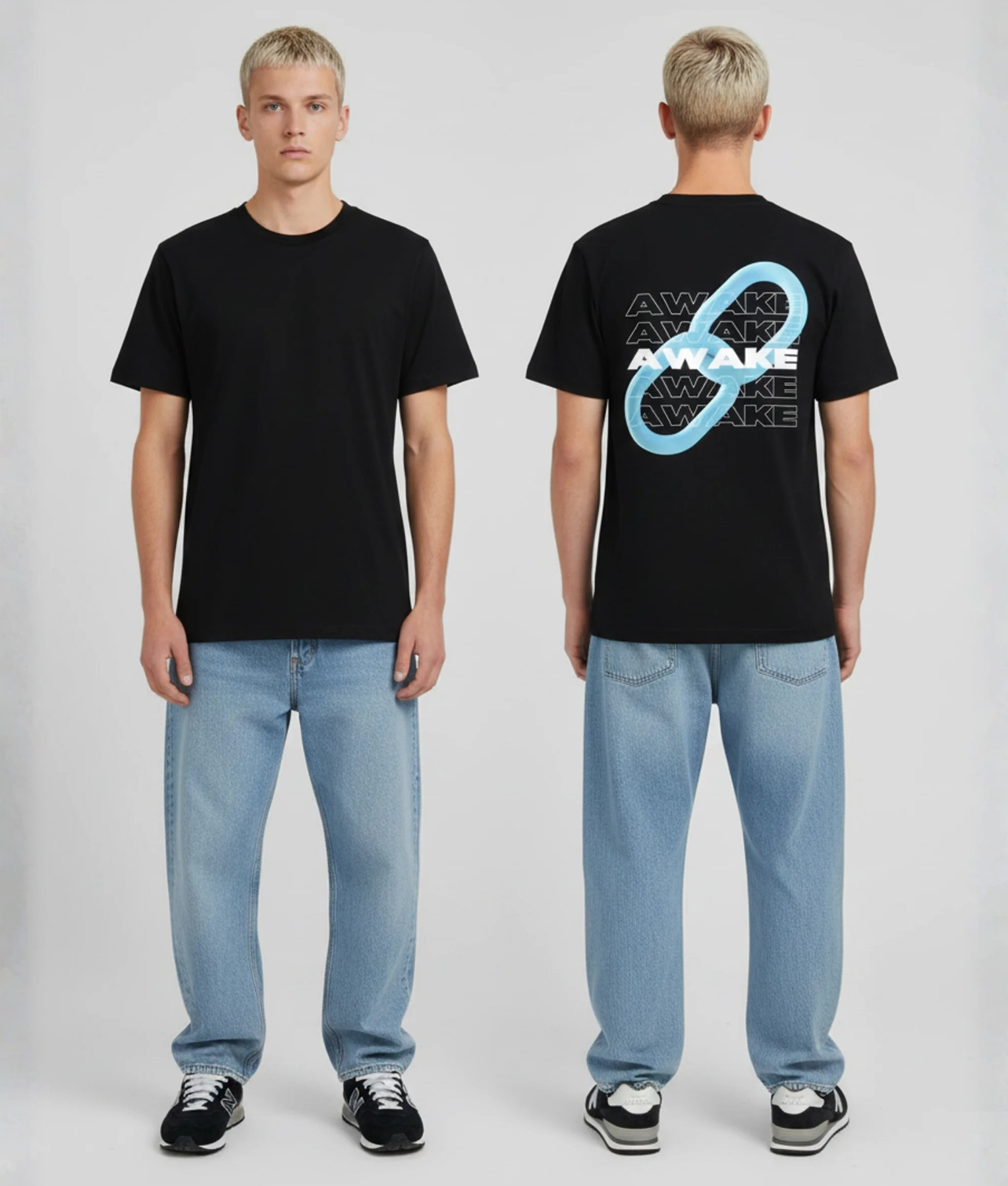 Zwart unisex T-shirt voor- en achteraanzicht gedragen door mannelijk model met AWAKE tekst herhaald en blauw infinity logo print op de rug