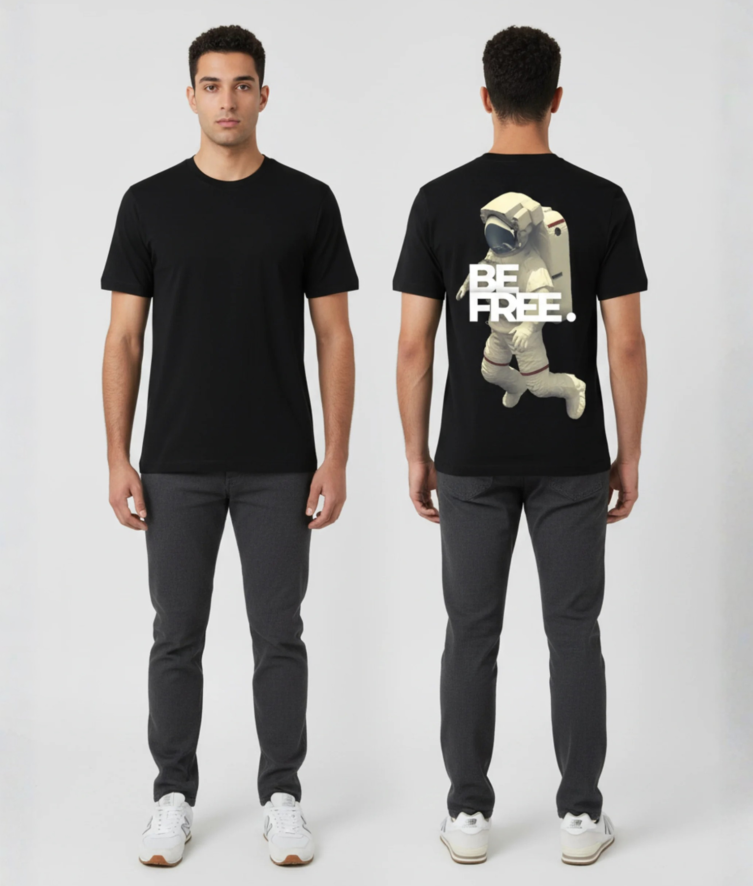 Zwart unisex T-shirt voor- en achteraanzicht gedragen door mannelijk model met BE FREE print en astronaut illustratie op de rug