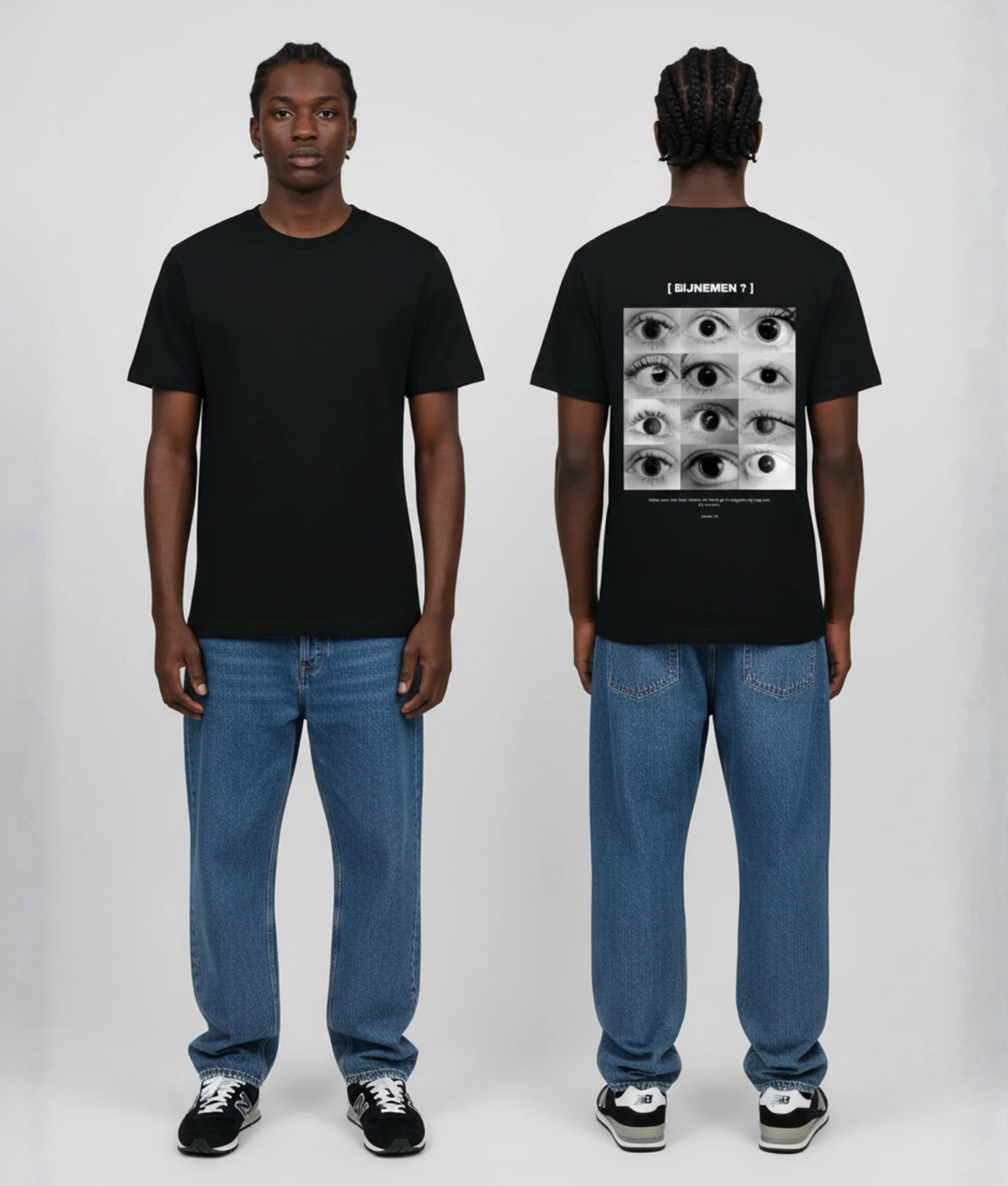 Zwart unisex T-shirt voor- en achteraanzicht gedragen door mannelijk model met BIJNEMEN print en raster van ogen illustraties op de rug