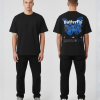 Zwart T-shirt met blauwe vlinder illustratie en Butterfly tekst herhalend in gothic lettertype op de rug