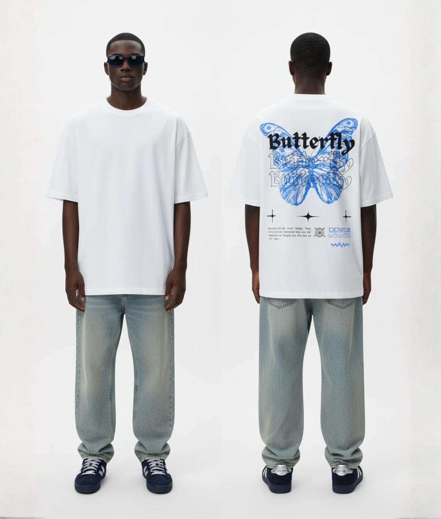 Wit T-shirt met blauwe vlinder en Butterfly tekst op de rug