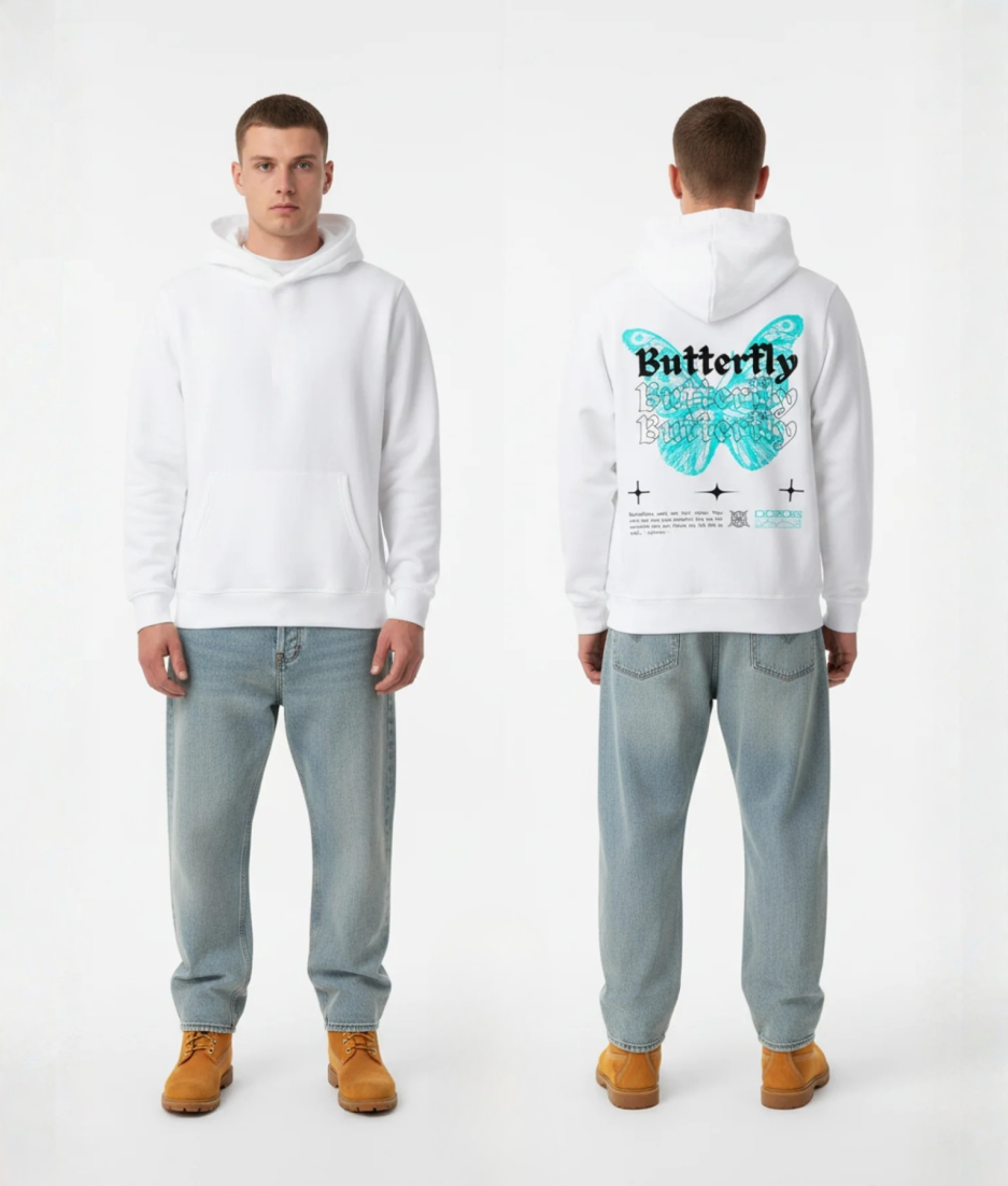 Witte hoodie met blauwe vlinder en Butterfly print op de rug