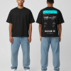 Zwart T-shirt met blauwe eigen tekst banner en boarding pass print met PNM naar JPT vluchtdetails op de rug