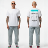 Wit T-shirt met cyaan eigen tekst banner en boarding pass print met PNM naar JPT vluchtdetails en PEP-SCHEP.NL tekst op de rug