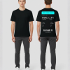 Zwart T-shirt met cyaan eigen tekst banner en boarding pass print met PNM naar JPT vluchtdetails en PEP-SCHEP.NL tekst op de rug