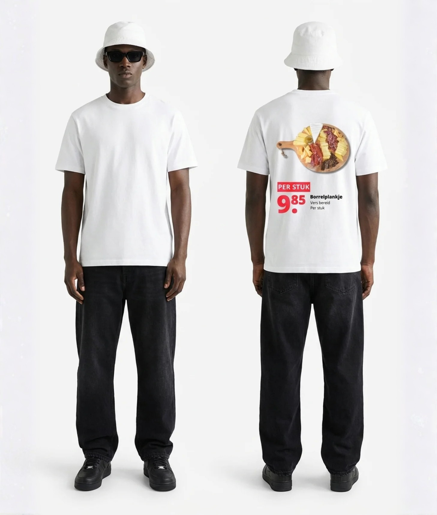 Wit unisex t-shirt met Borrelplankje opdruk van PEP SCHEP – grote rugprint met borrelplank illustratie met kaas en vleeswaren en supermarkt prijskaartje design