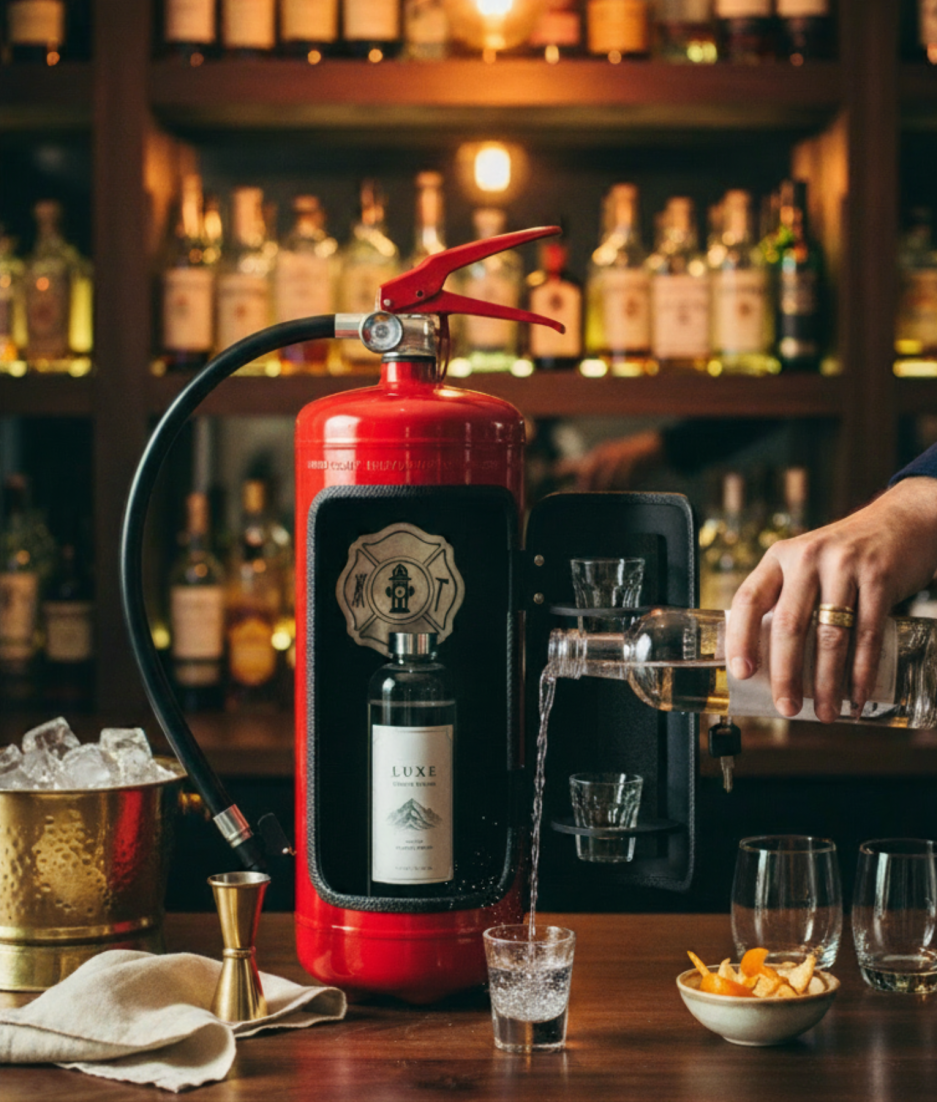 Rode brandblusser voor een bar met drankflessen op de achtergrond