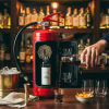 Rode brandblusser voor een bar met drankflessen op planken