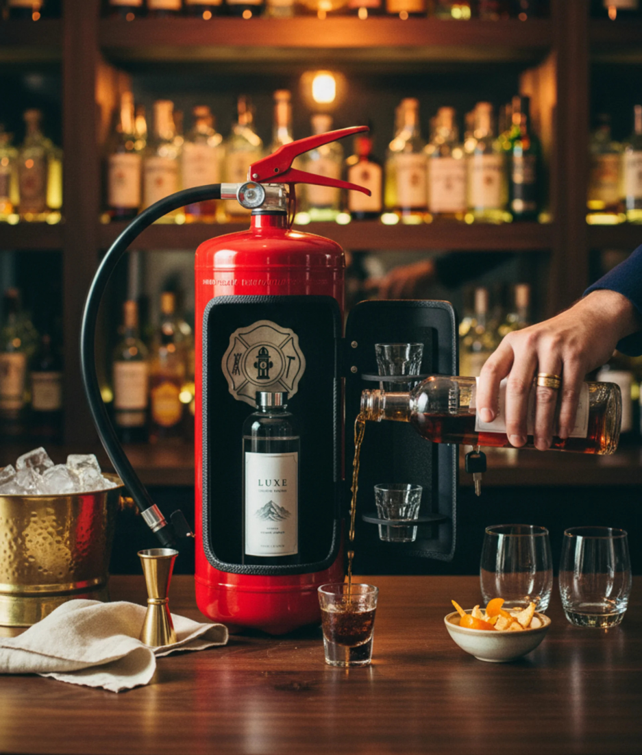 Rode brandblusser voor een bar met drankflessen op planken
