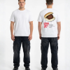 Wit unisex t-shirt met Broodje Bal opdruk van PEP SCHEP – grote rugprint met broodje bal illustratie en supermarkt prijskaartje stijl design