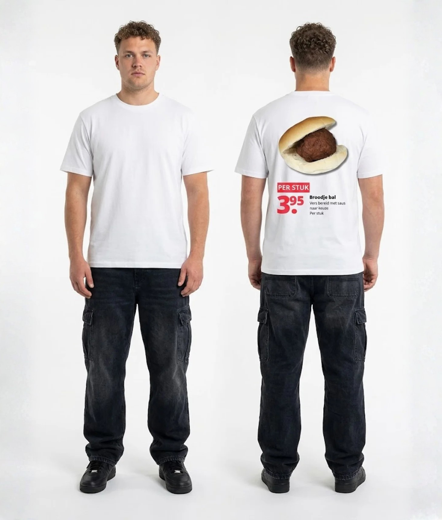 Wit unisex t-shirt met Broodje Bal opdruk van PEP SCHEP – grote rugprint met broodje bal illustratie en supermarkt prijskaartje stijl design