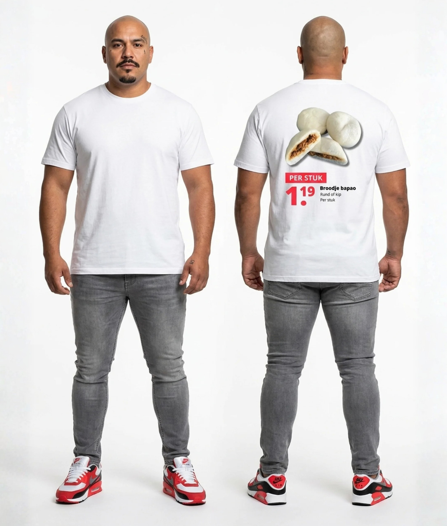 Wit heren t-shirt met Broodje Bapao opdruk, voor- en achteraanzicht op mannelijk model met grijze jeans en rode sneakers, productfoto voor PEP SCHEP webshop