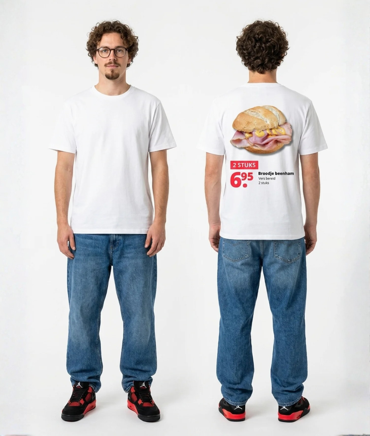 Wit unisex t-shirt met Broodje Beenham opdruk van PEP SCHEP – grote rugprint met broodje beenham illustratie en supermarkt prijskaartje stijl design