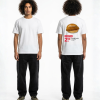 Wit unisex t-shirt met Broodje Kroket opdruk van PEP SCHEP – grote rugprint met broodje kroket illustratie en supermarkt prijskaartje stijl design