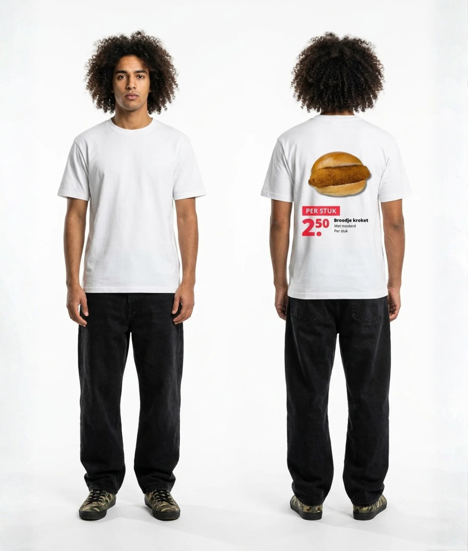 Wit unisex t-shirt met Broodje Kroket opdruk van PEP SCHEP – grote rugprint met broodje kroket illustratie en supermarkt prijskaartje stijl design