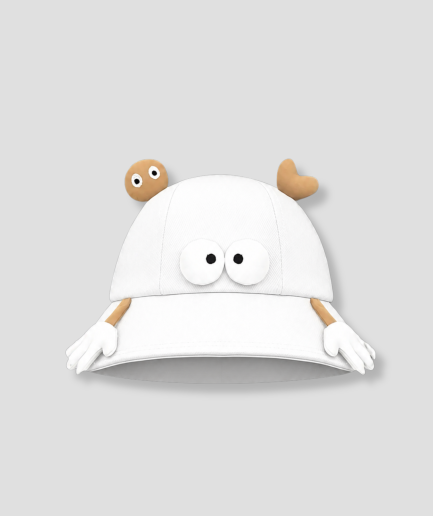 PEP SCHEP witte bucket hat met grappige 3D illustratie – witte vissershoed met speelse karakter details zoals oogjes en handjes